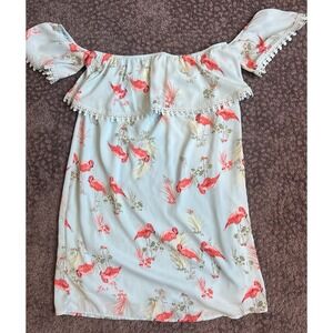 Everly Blue Flamingo Floral Shift Dress Size Medium Off The Shoulder Lace Trim